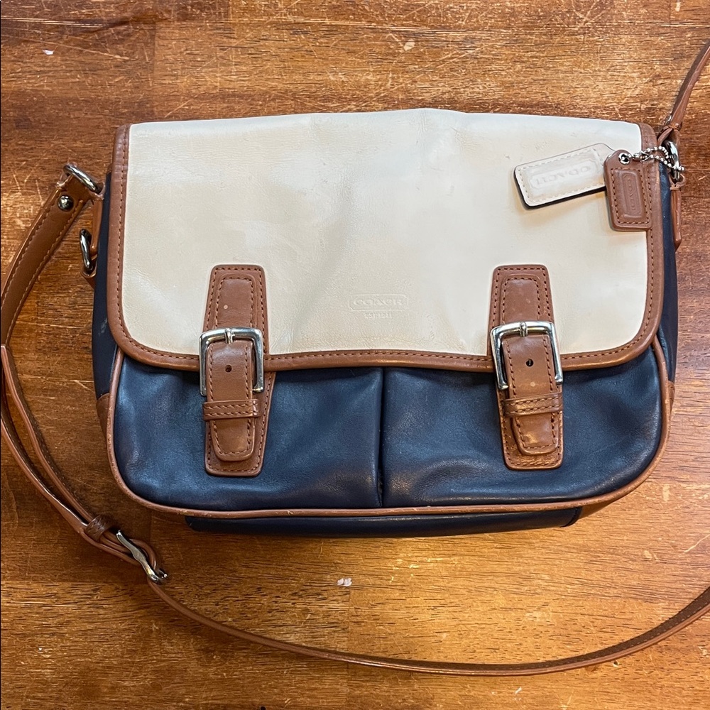 Coach Cream, Blue, and Brown Leather Crossbody Bag